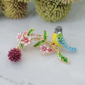 Bird Pin Bird Brooch Bird with berries Pin Bird Brooch Gold Flowers